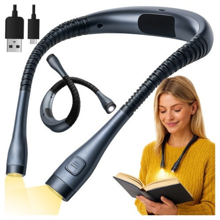 Lampa LED pentru lectura cu 2 surse de lumina, Zola, pozitionare pe gat, lumina calda/neutra/rece, 3 niveluri de intensitate, flexibila, cablu USB-C, 59 x 2.3 cm, gri/negru
