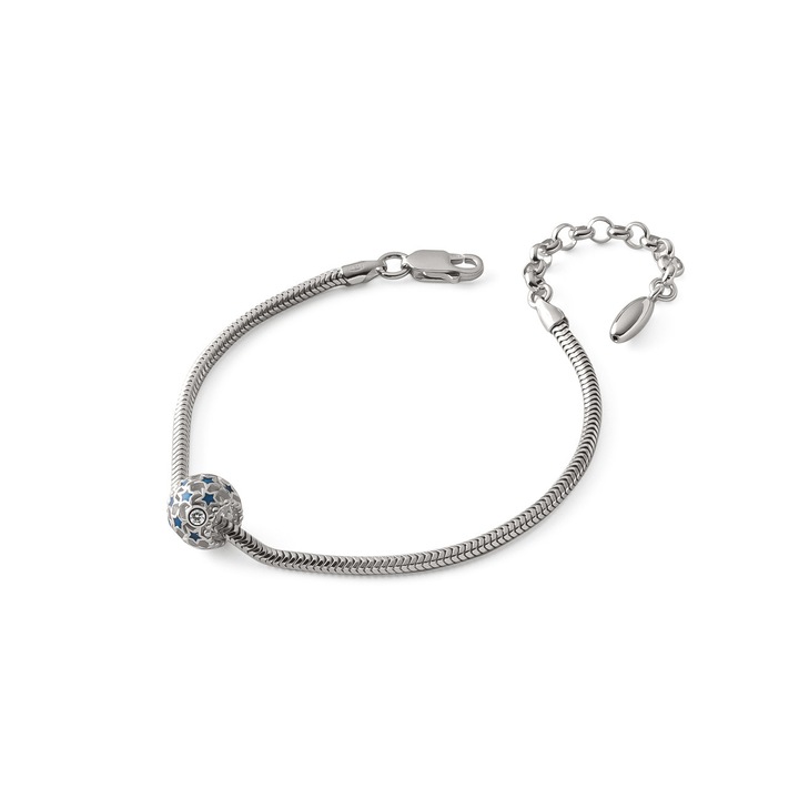 Bratara subtire Slim Beads din argint 925 placat cu platina, cu bila ajurata filigranata si stelute albastre, Giorre