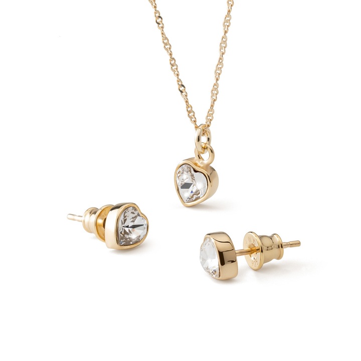 Set elegant colier si cercei cu cristale in forma de inima, din argint 925 placat cu aur, Giorre