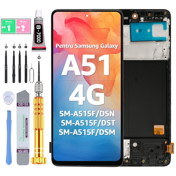 Дисплей LCD за Samsung Galaxy A51 2019 4G, SM-A515F/DSN, Тъчскрийн с рамка, Черен, Yodoit