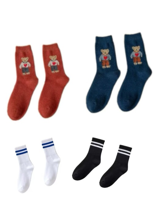 Set 2 perechi de sosete dama, 2 Perechi sosete Sport CADOU, stil sosete echipaj, model dragut cu ursulet desen animat, Lana, marime-One Size INTL, Albastru/Rosu