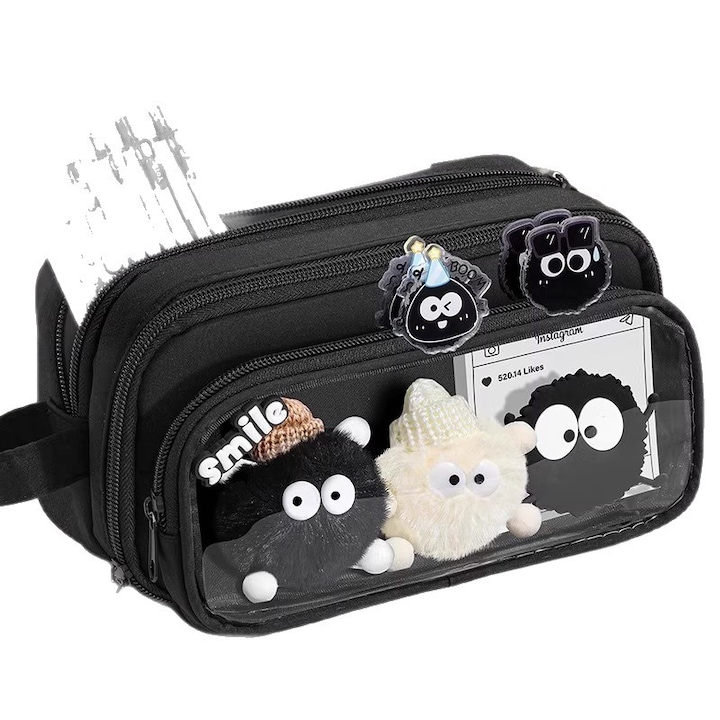 Nagy kapacitású tolltartó, Szénbrikett tartó, aranyos, többrétegű átlátszó tolltartó: tágas és elegáns táska