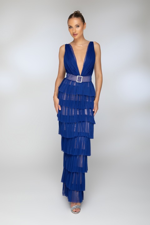 Дълга синя рокля от тюл с волани, RN 1767a