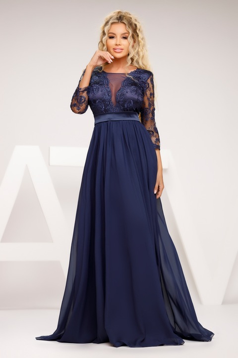 Rochie lunga bleumarin cu bust din dantela, Poliester, XS