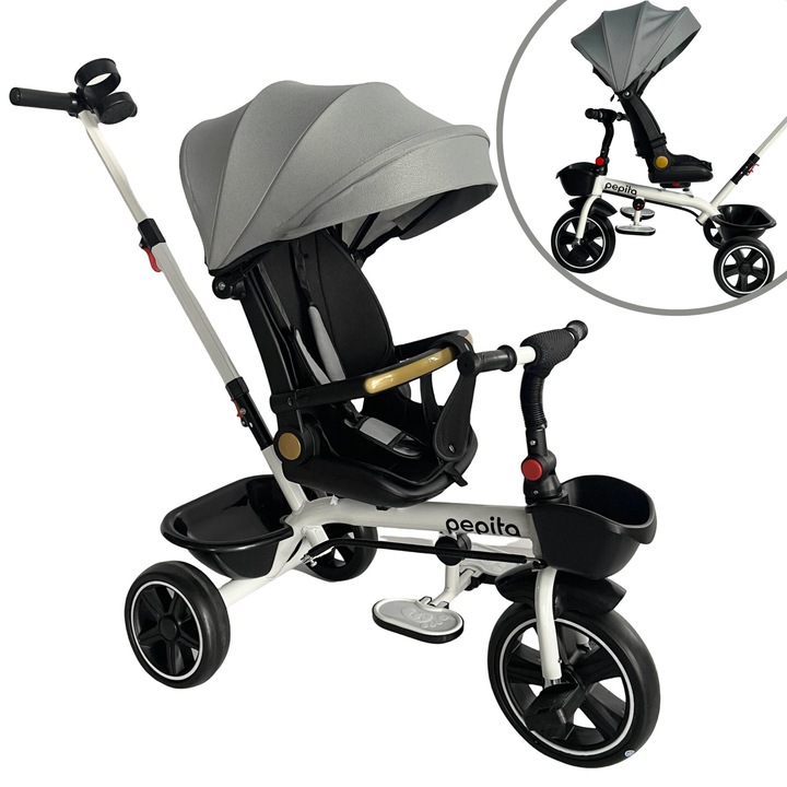 Pepita Fleppy 360 ° triciclu pivotant cu scaun inclinat, maner de impingere si cos - gri