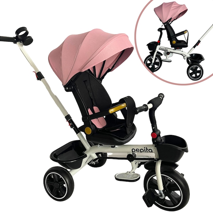 Pepita Fleppy 360 ° triciclu pivotant cu scaun inclinat, maner de impingere si cos - roz