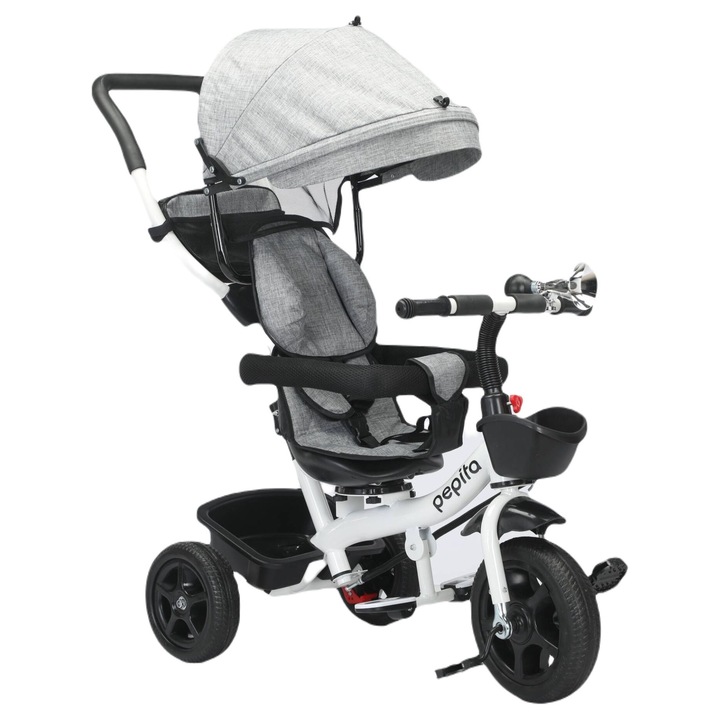 Tricicleta Pepita cu rotatie 360°, semnal sonor, maner de impins si cos - gri
