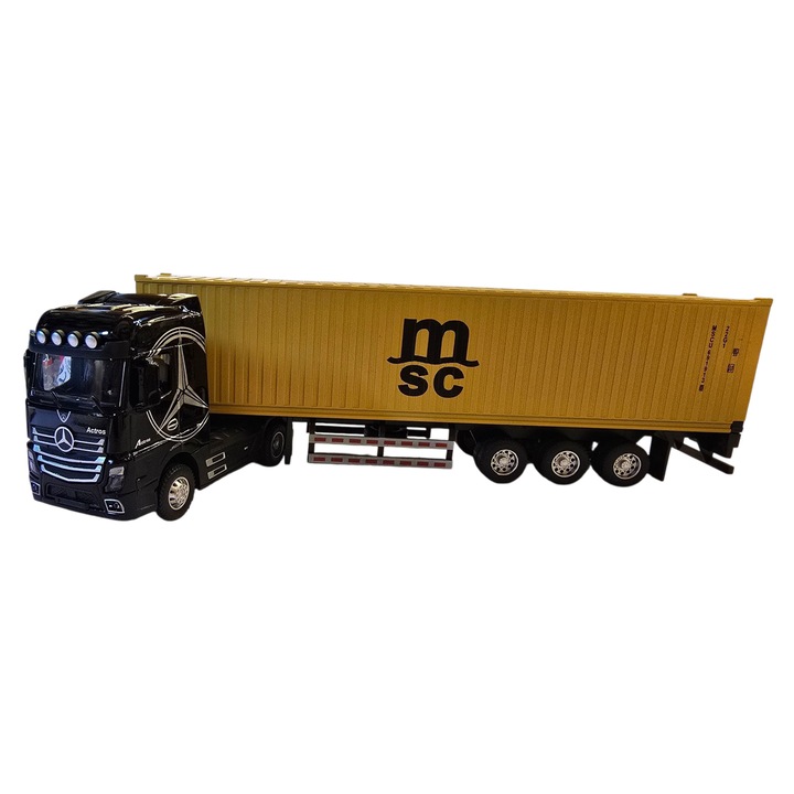 Jucarie TIR Metalic cu Container 31 cm – Lumini, Sunete realistice de motor, Usi care se deschid la container, sistem Pull Back, negru cu galben