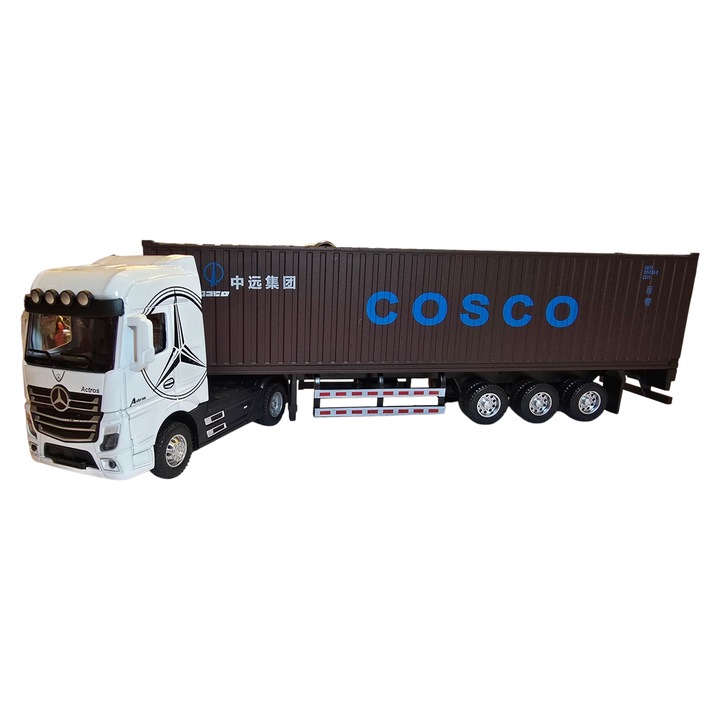 Jucarie TIR Metalic cu Container 31 cm – Lumini, Sunete realistice de motor, Usi care se deschid la container, sistem Pull Back, alb cu maro