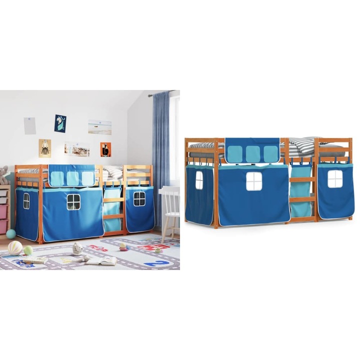 Pat supraetajat cu perdele, albastru, 75x190 cm, lemn masiv pin