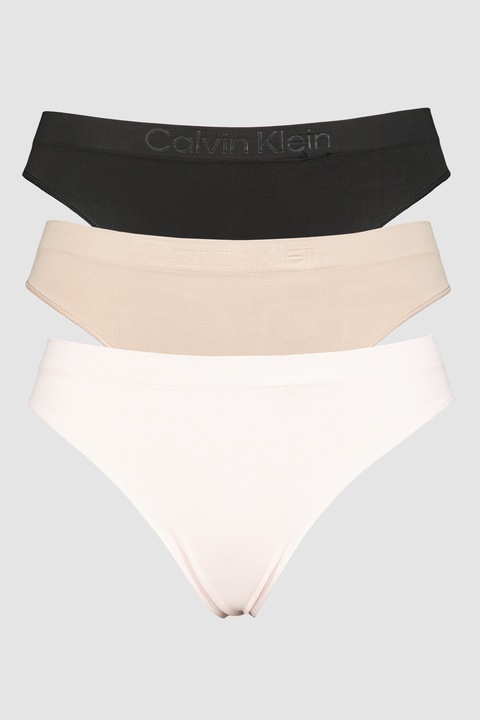 CALVIN KLEIN, Танга с лого - 3 чифта, Черен/Бежов/Розово