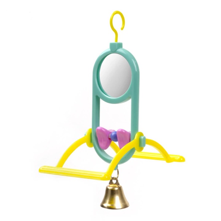 Jucarie pentru Pasari - Leagan cu Oglinda si Clopotel, Margele, Papagal, Stimulare Vizuala, 15.5x7cm JK