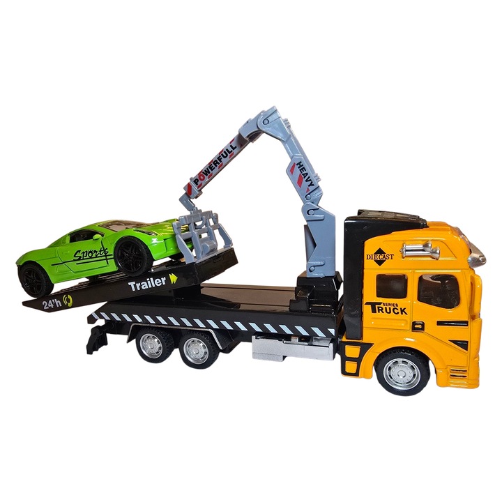 Jucarie Camion platforma cu macara extensibila, rampa mobila, masina model sport – usi deschise, metal si plastic, galben cu verde