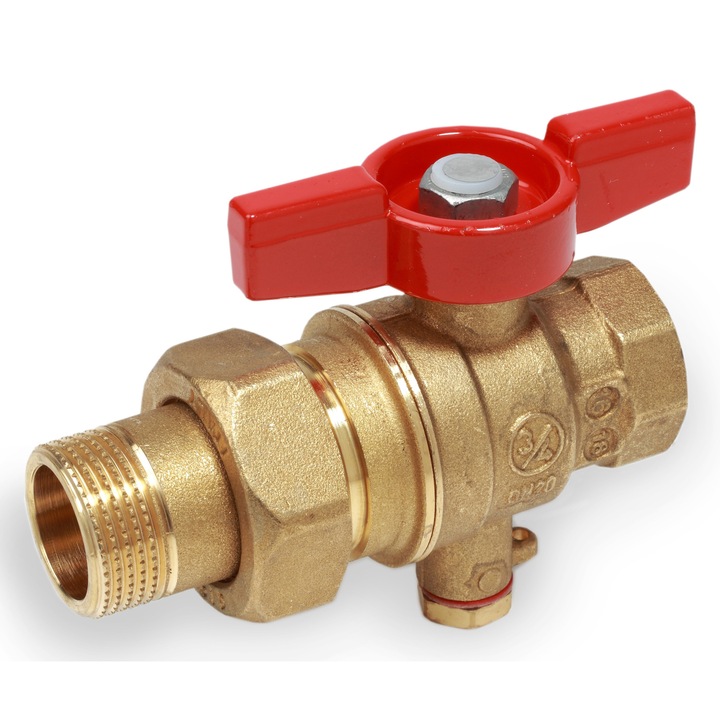 Сферичен кран Giacomini R859TY005, 3/4” вътрешна резба x 3/4” външна резба, червена Т-образна ръкохватка, със сензорна гилза, месинг