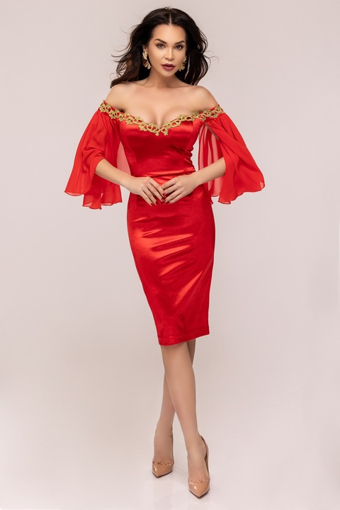 Piros ruha voál ujjakkal és hímzéssel, LXR 112