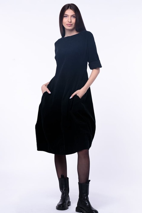 Rochie lalea cambrata, cu fermoar, din catifea reiata neagra, Negru