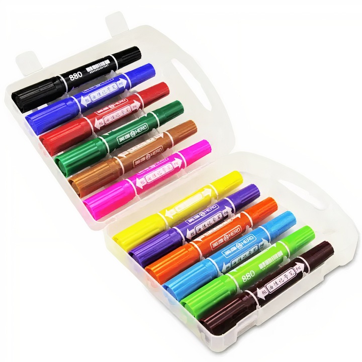 Set 12 carioci, cu 2 capete, multicolor, 14 cm