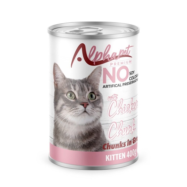 Hrana umeda Premium pentru pui de pisica Alphapet, cu carne de pui, 400 g