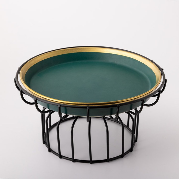 Platou pentru fructe sau prajituri verde mat cu auriu – suport negru, 22 cm