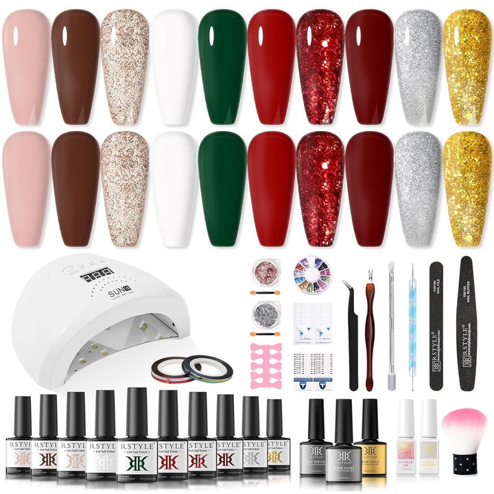 Пълен комплект за маникюр RSTYLE с UV/LED лампа 48W, 32 части, 10 цвята гел лак, бързо съхнене, издръжливост 21+ дни, професионален комплект