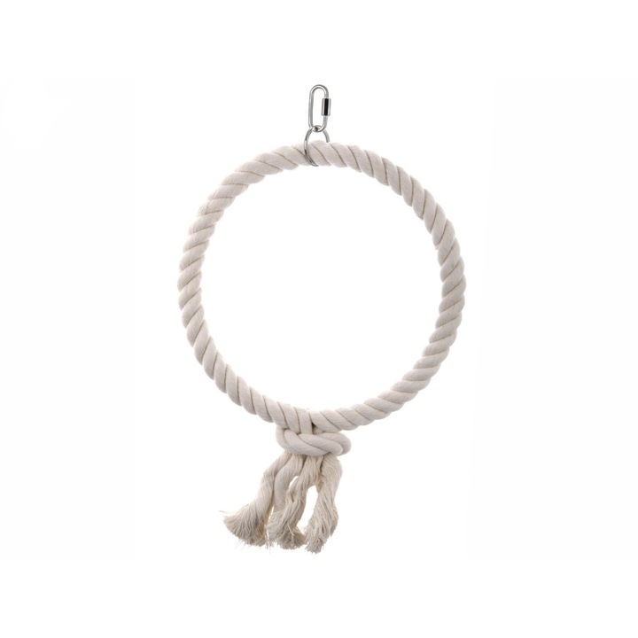 Jucarie pentru Pasari - Leagan Rotund din Sfoara Bumbac cu Nod Mare si Carabina, Stimulare si Joaca Indelungata, 26cm JK