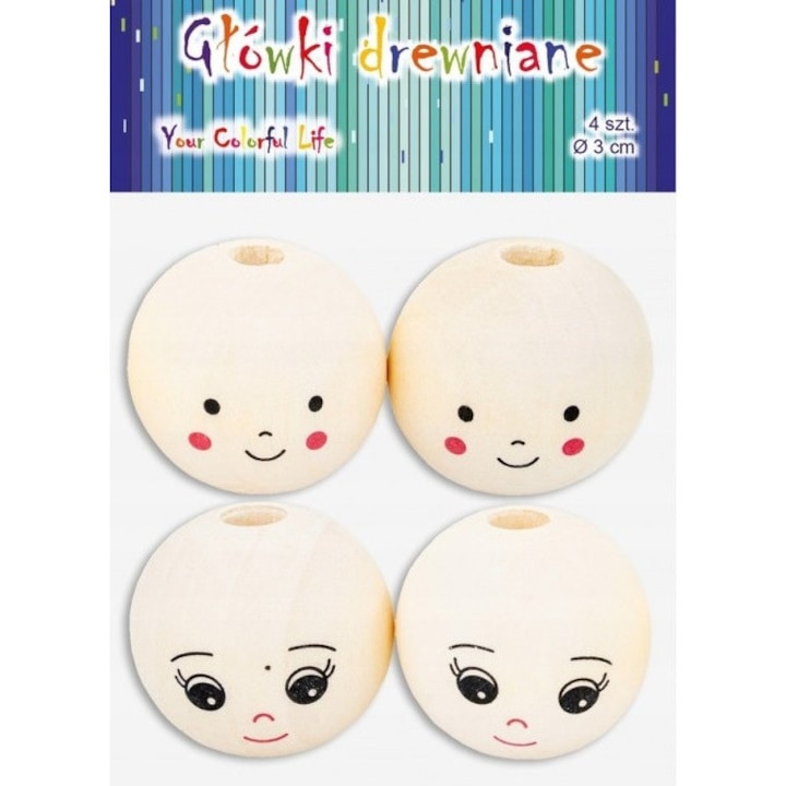 Set de 4 margele din lemn, BUZKI 30mm, ALIGA, multicolor, 6mm deschidere