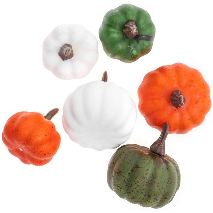 Set 6 mini dovleci decorativi, DALPRINT, alb, portocaliu cu puncte, verde inchis cu puncte, dimensiuni 3,5x4cm si 4,5x5,5cm