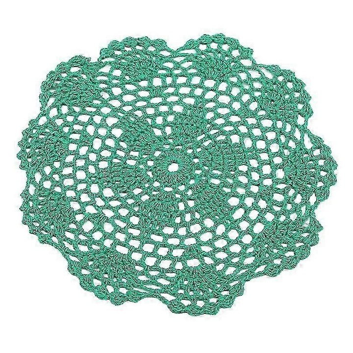 Suport de masa rotund, 30 cm, din amestec de bumbac, crosetat manual, cu dantela florala, verde