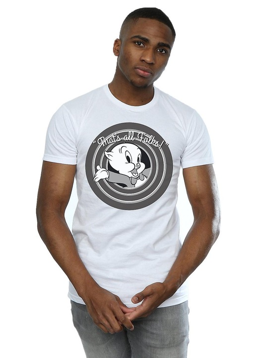 Férfi póló, Porky Pig, fehér mintás, pamut, Fehér