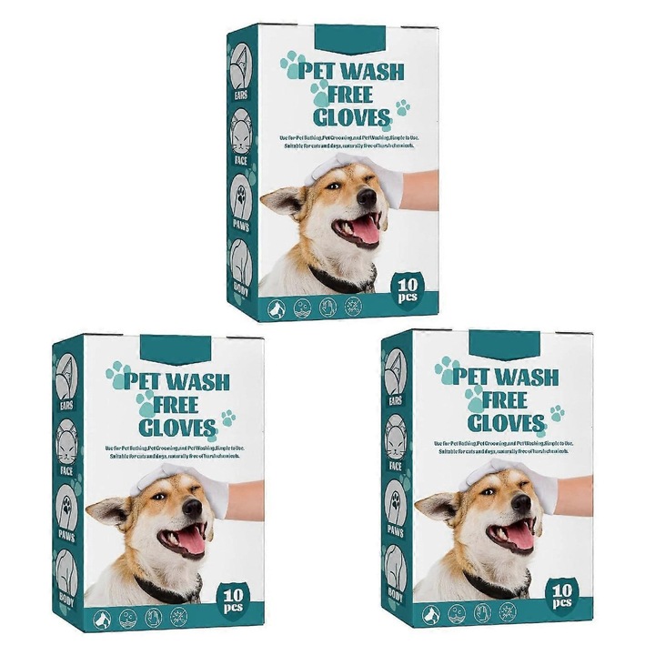 Manusi Pet Clean Wash Free, Manusi de ingrijire pentru animale de companie, Servetele umede de unica folosinta pentru animale de companie, Servetele umede fara clatire pentru animale de companie, Manusi Pet Clean Wash Free, cutie de 3 - 30 buc