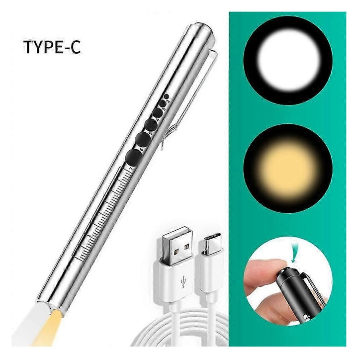 Lampa medicala reincarcabila USB cu ecartament pentru pupile, cu lumina calda/alba cu LED, pentru asistente medicale, doctor, cadou argintiu