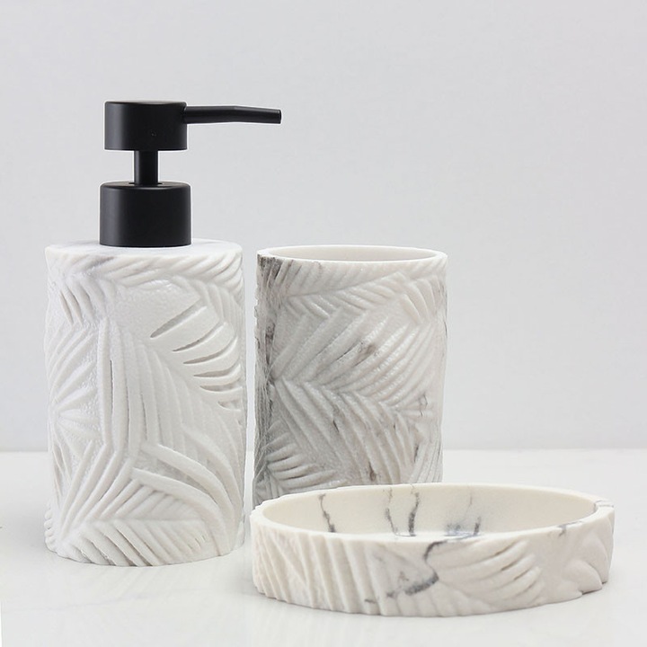 Set accesorii de baie Olivy, dispenser sapun, suport periute, sapuniera, alb/negru, 3 buc, 16,5x7,5cm, 10,5x7,5cm, 13x10cm