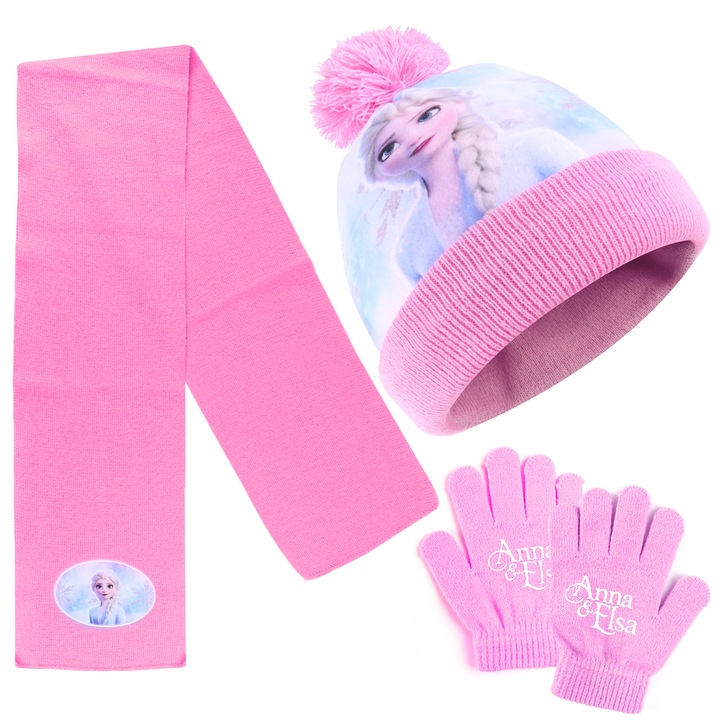 Set 3 Piese Iarna Pentru Copii, Caciula Cu Pompon, Esarfa Si Manusi, Frozen, Marime Unica, Frozen Anna Palarie/Fular, Roz Multicolor, Potrivit Pentru Copii De 5-10 Ani, Cadouri Universale De Iarna
