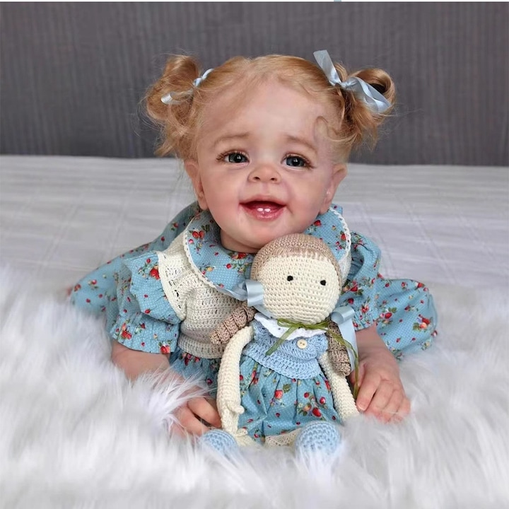 Кукла Reborn, SWJOYOL, 50см, силикон, руса коса, синя рокля с цветя