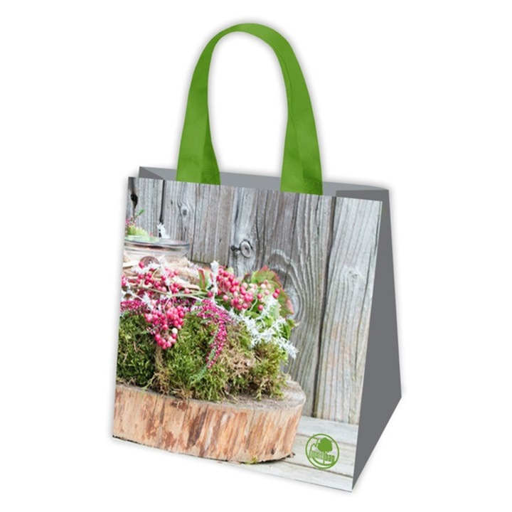 GAM bevásárlótáska, 34x34x22cm, növényi mintával, szürke, zöld és lila színben