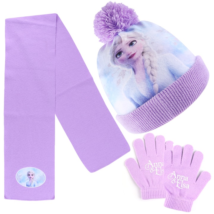 Set 3 Piese Iarna Pentru Copii, Caciula Cu Pompon, Esarfa Si Manusi, Frozen, Marime Unica, Frozen Anna Palarie/Fular, Violet Multicolor, Potrivit Pentru Copii De 5-10 Ani, Cadouri Universale Iarna