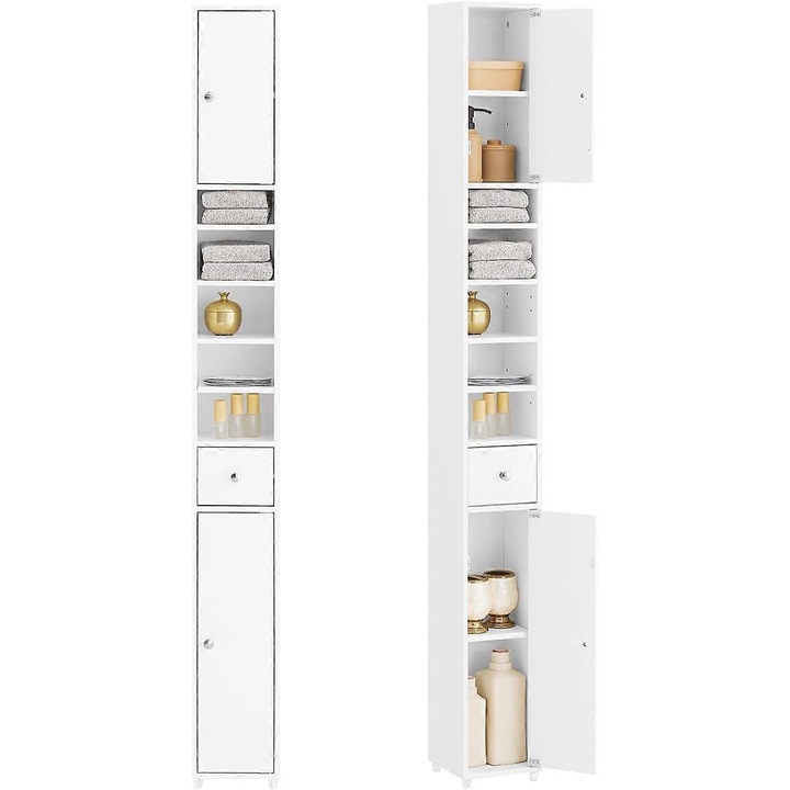 Dulap de baie alb, 1 sertar, 2 usi, 5 compartimente, 20x20x180cm