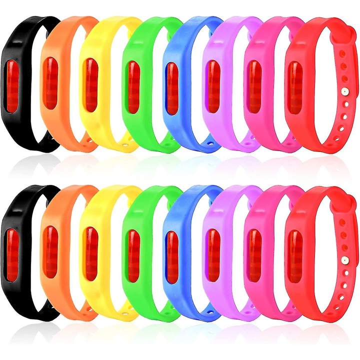 Bratari repelente pentru insecte, set de 16 bucati, cu uleiuri esentiale, multicolor, ajustabile, pentru interior si exterior