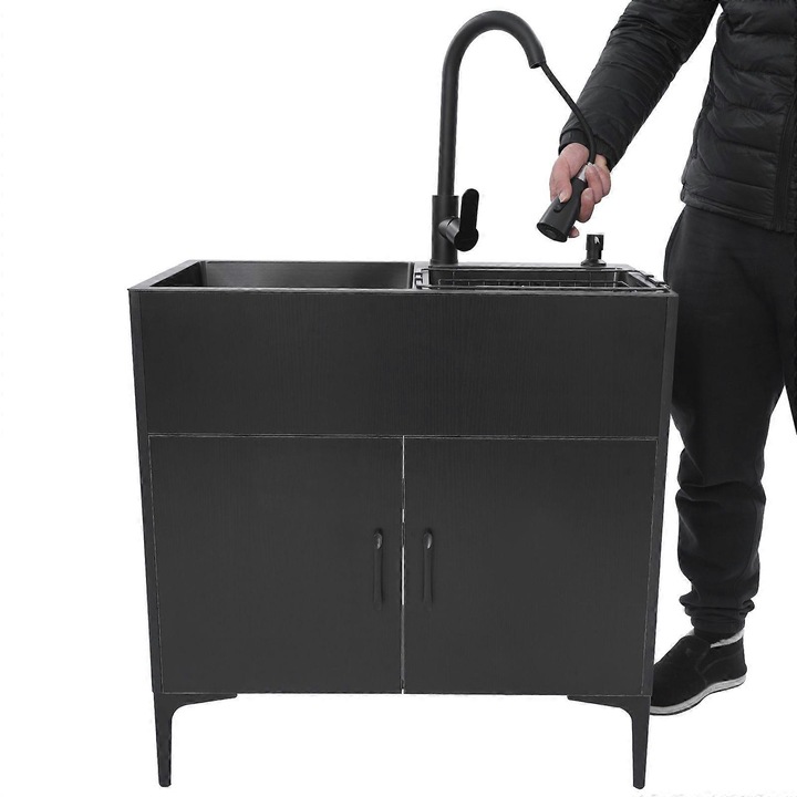 Lavoar cu cabinet si robinet retractabil, 201 otel inoxidabil, negru, 30x80cm, set