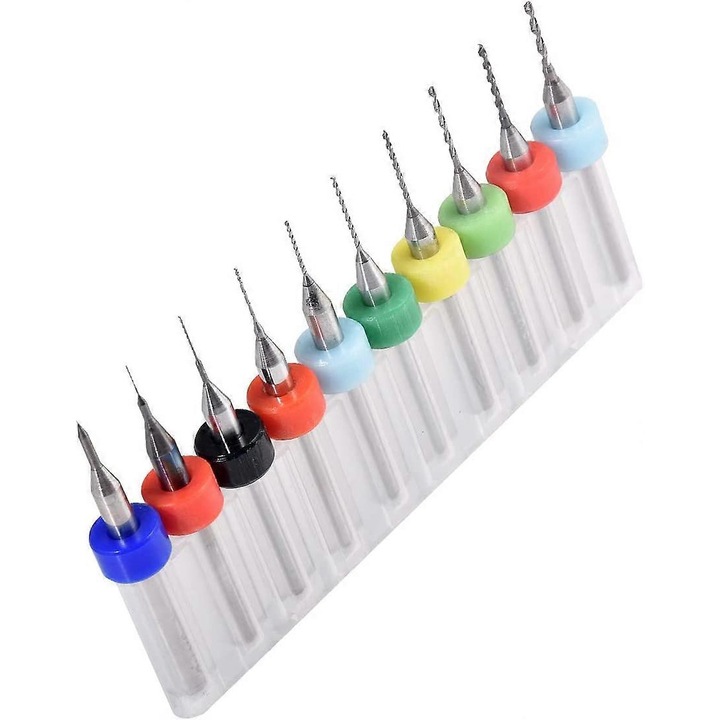Set 10 burghie mini PCB 0.1-1.0mm, din otel de inalta viteza, pentru plastic, aluminiu, cu cutie de depozitare