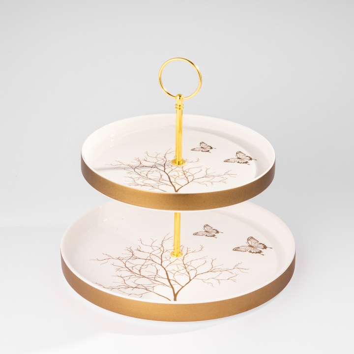 Platou etajat candy bar cu 2 nivele si suport metalic auriu - flutrui, 25 x 27 cm