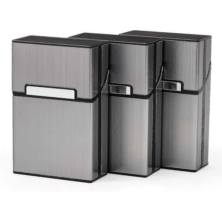 Set 3 tabachere, gri, dimensiuni 5.8x2.6x9cm, capacitate 20 tigari fiecare