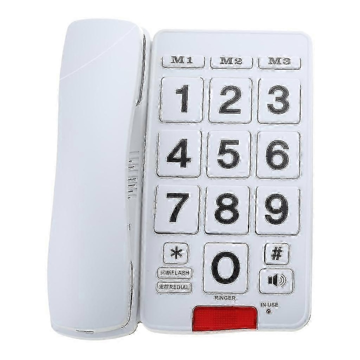 Telefon fix pentru seniori, model PK3000, butoane mari, sunet puternic, alb