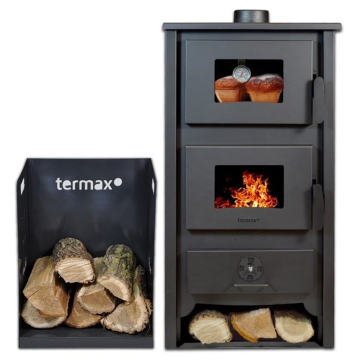 Pachet termosoba pe lemn Termax Codru, 24.43 kW, cuptor integrat, randament 85.10%, 155 m², Antracit si suport lemne foc metalic Termax M cu design vertical si robust, 50 x 40 x 36 cm