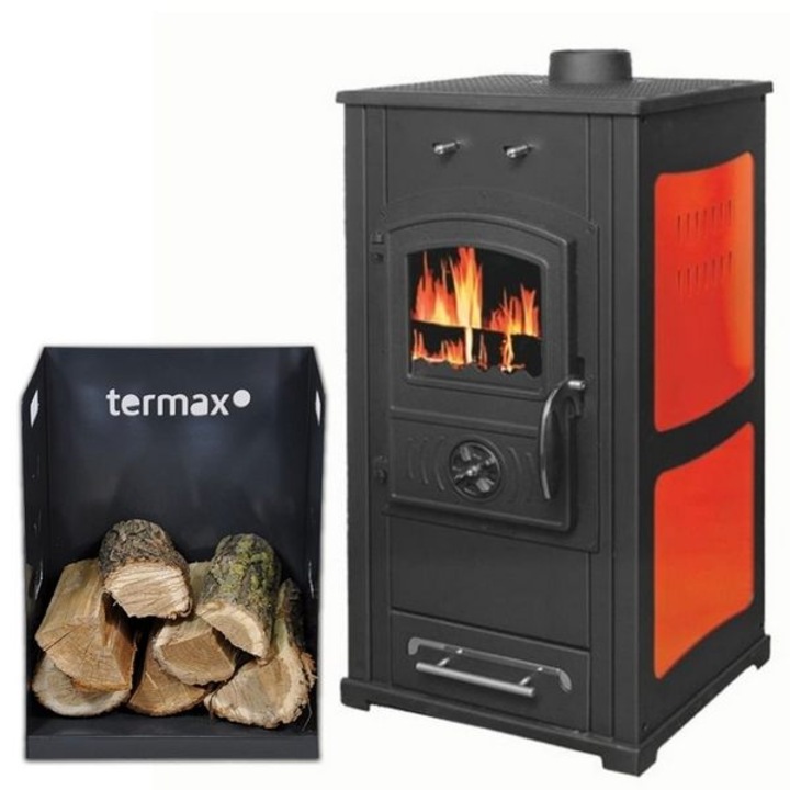 Pachet Soba pe lemn Termax Bunica, 8.45 kW, randament 80.36%, 55 m², Rosu si suport lemne foc metalic Termax M cu design vertical si robust, 50 x 40 x 36 cm