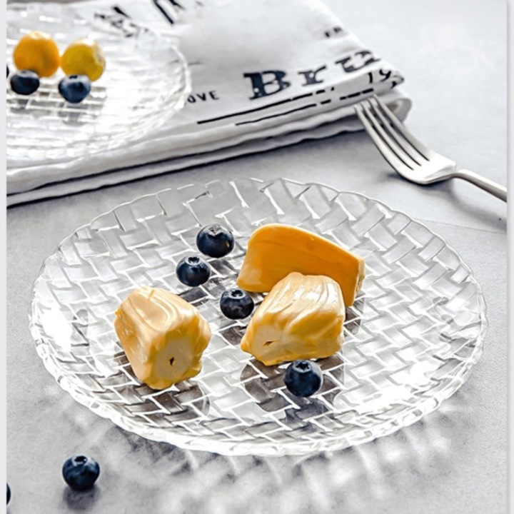 Set Farfurii Servire, Sticla, Transparent, 6 piese, Model 3D, 16cm