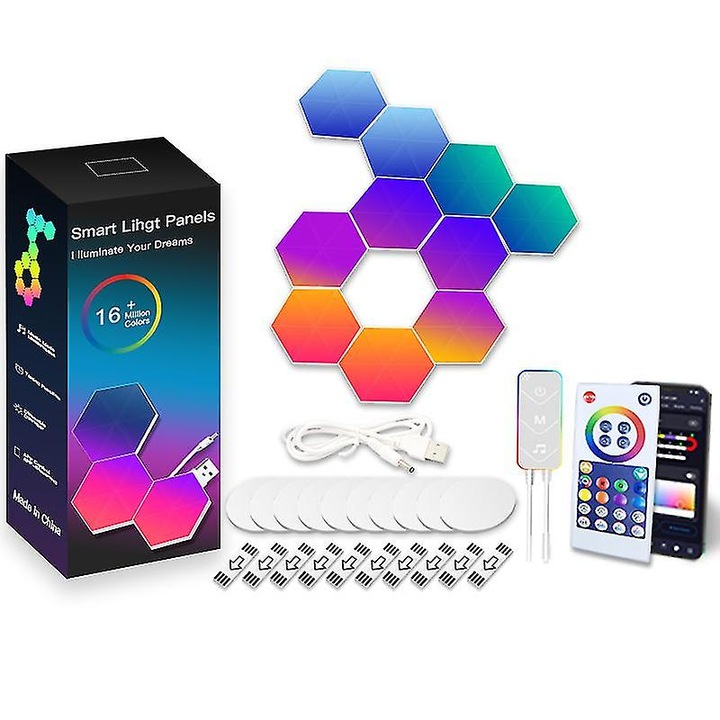 Set de panouri LED hexagonale RGB, 10 bucati, iluminare ajustabila, design minimalist, multicolor