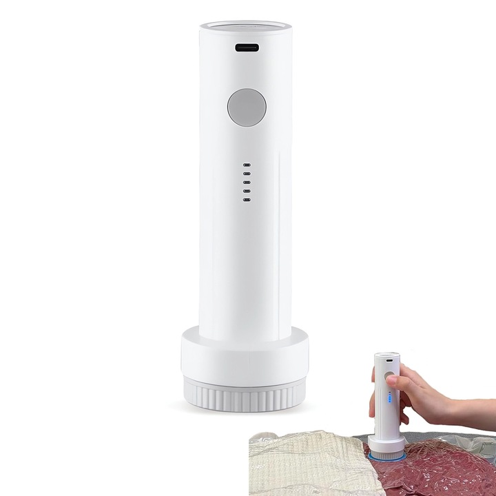 Pompa electrica fara fir pentru saci de vid, portabila, compacta, alba, 14x4.5cm