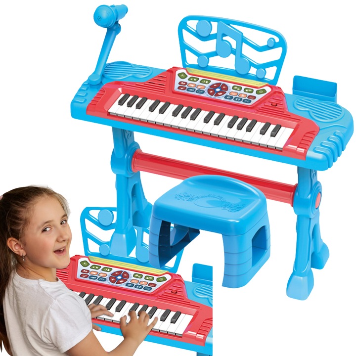 Pianino electronic pentru copii, Import ProNice, set complet cu microfon si scaun, 37 de clape, multicolor, 66,5x46x10cm