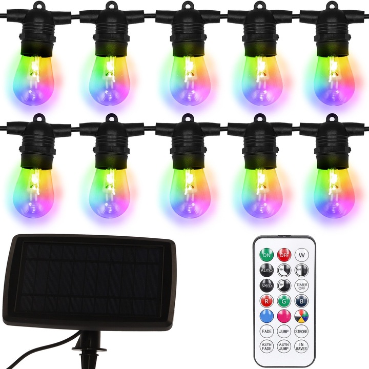 Girlanda solara RGB cu 10 LED-uri, JUMI, alimentare solara, control de la distanta, 10m, IP44